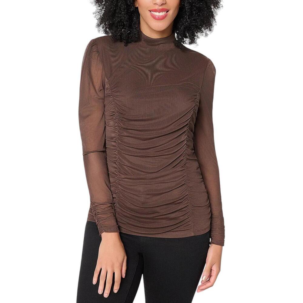Mally Roncal Women's Illusion Ruched Mock Neck Top Dark Roast - Regular
